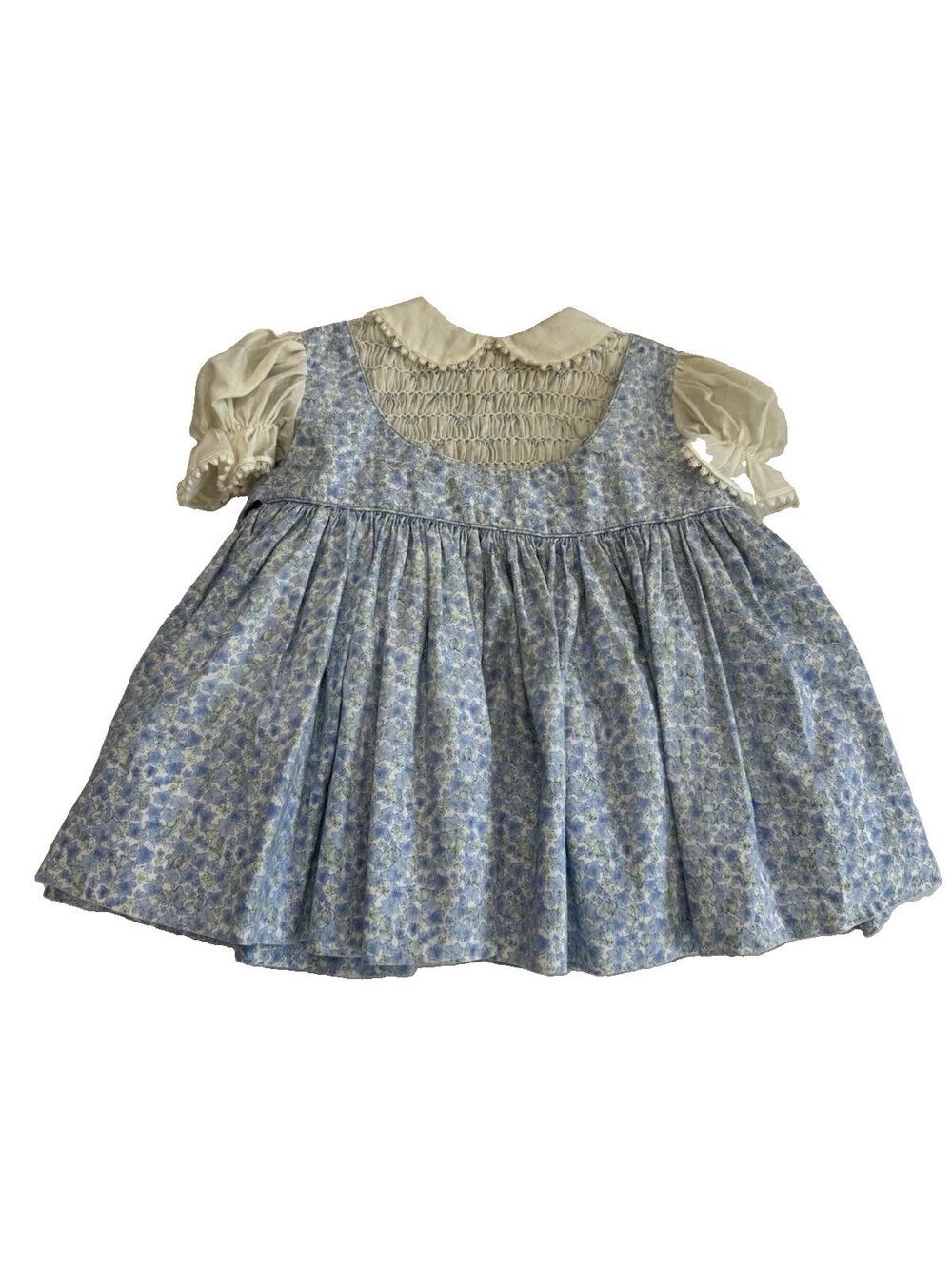 Handmade Baby Girl Floral Dress 12-18M Smocked Peter Pan Collar Blue